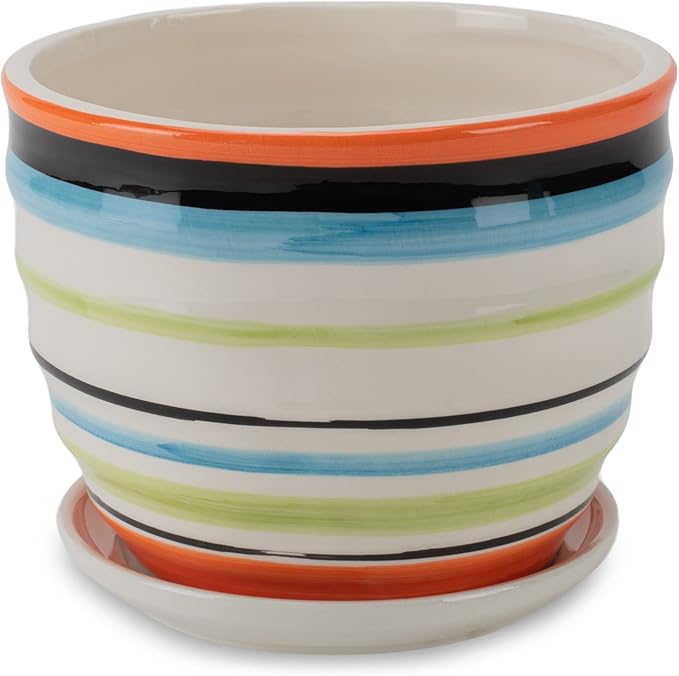 Napco Ribbed Coral, Blue, and Green 4 x 5 Inch Ceramic Flower Pot Planter with Saucer