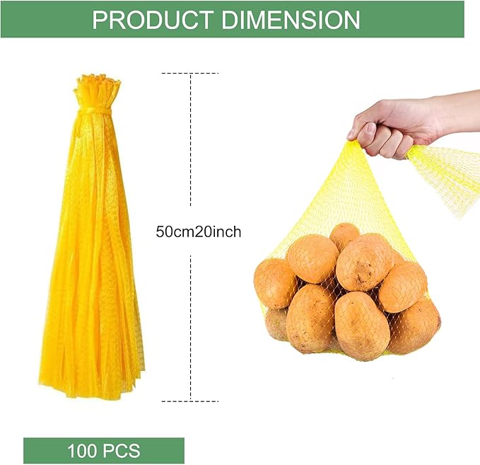 100Pcs Reusable Produce Plastic Mesh Bag,20 Inch Seafood Boil Bags，Kitchen Organizer Produce Packaging Supplies Net，Vegetable and Fruit Seafood Plastic Mesh Strap Storage Bag (Yellow)