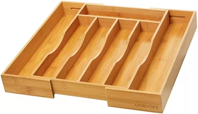 2-Piece Bamboo Silverware Organizer, Expandable Kitchen Drawer Organizer for Cutlery and Utensils, Multifunction Adjustable Bamboo Wood Cutlery Tray in Drawer for Flatware, (Natural)