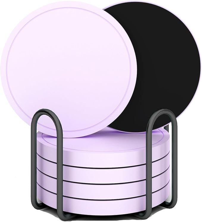 Azhou 6Pcs Drink Coaster with Holder, Lavender Absorbent Coasters for Drinks, Non-Slip with Velvet Bottom, Thick Heavy Duty 4 inch Ceramic Coasters, Home Decor Coffee Bar Accessories