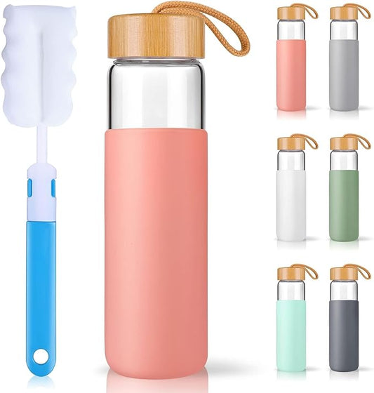 Borosilicate Glass Water Bottles with Silicone Sleeve BPA Free, Dishwasher Safe - Reusable Clear Glass Drinking with Leak Proof Bamboo Lid (Blooming Dahlia, 25 Ounces)
