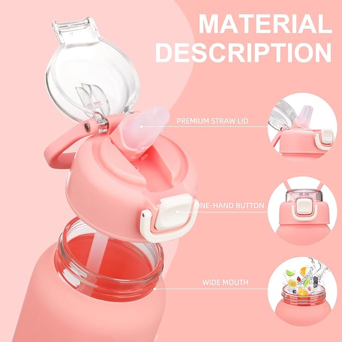 24 oz Glass Water Bottles with 2 Lids-Handle Spout Lid & Straw Lid, Motivational Water Bottle with Time Marker and Silicone Sleeve,Leakproof-Pink-1 Pack