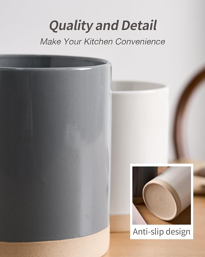 famiware Milkyway Kitchen Utensil Holder for Countertop, Ceramic Cooking Utensil Crocks for Kitchen Counter, Utensil Organizer for Spatula & Spoon, Set of 2, Dark Gray and White