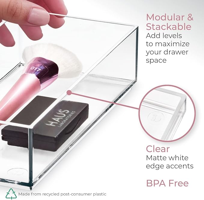 iDesign Stackable Makeup Drawer Organizer - Vanity Organizer or Desk Organizer - Clear/Matte White