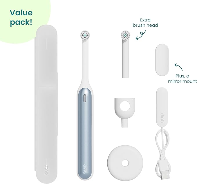 Quip Rev Oscillating Rechargeable Electric Toothbrush with Extra Brush Head - Soft Bristles, Pressure Sensor, 3 Intensities, 30-Day Battery Life, 2-Min Timer, Travel Case, Mirror Mount - Blue Mist