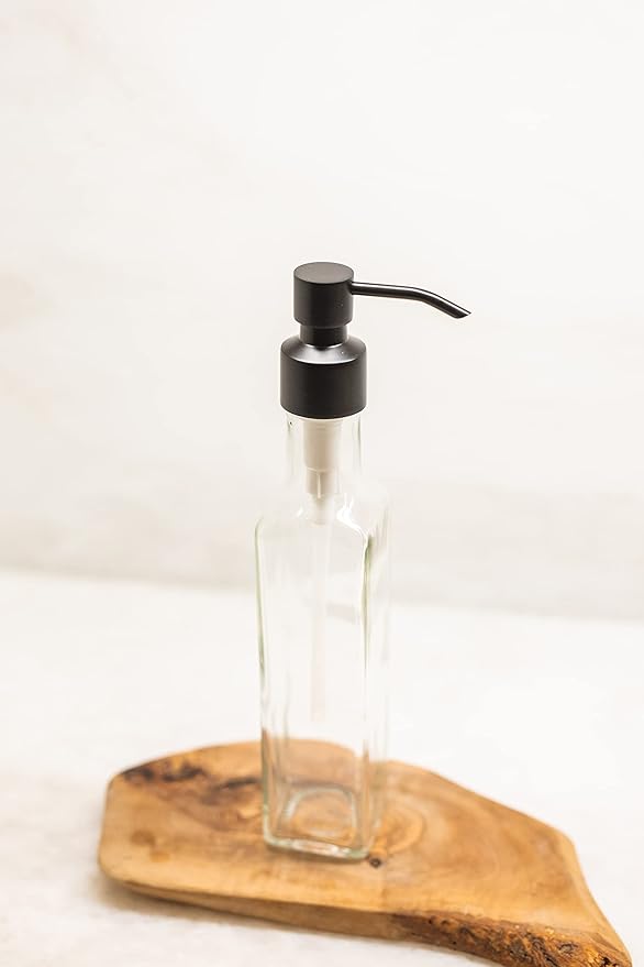 Rail19 French Vessel Glass Soap Dispenser with Metal Pump - Refillable Hand Soap, Lotion & Sanitizer for Sinks and Small Countertops, 8.5oz (Cali Black)