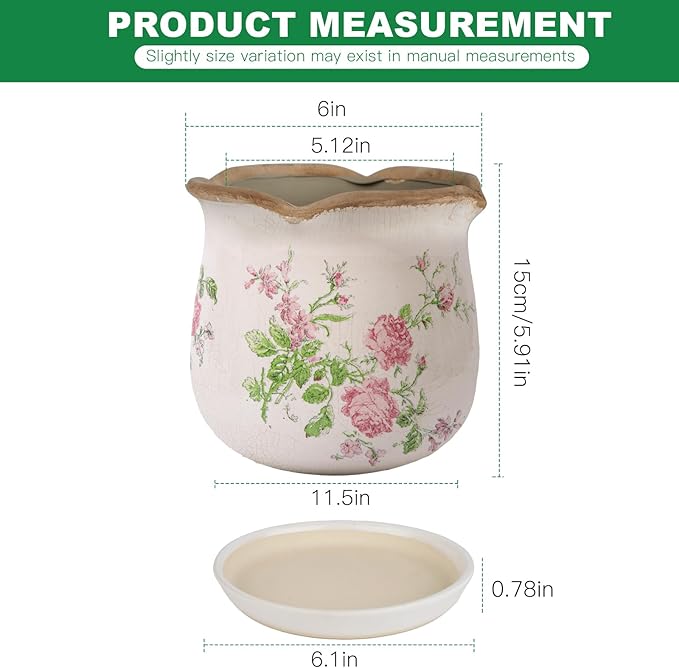 Ceramic-Planters-for-Indoor-Plants with Saucer, 6 inch Vintage Ice Crack Glaze Plant Pots with Drainage Holes, Decorative Flower Pots for Outdoor Garden Home Decor, Tuscan Pot for Plant