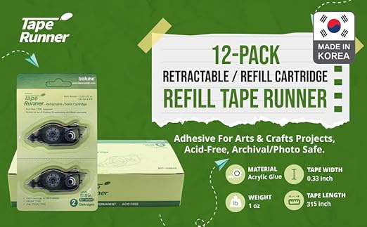 TAPE RUNNER Retractable Refill Cartridge - 12 Packs - Scrapbook Supplies - Scrapbooking Supply, Retractable 0.33 x 315 Inch Cartridges, Holiday Crafts & Gift Cards