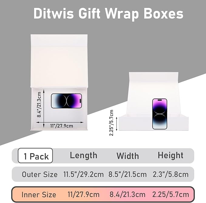 Ditwis 11.5x8.5x2.3 Inches Gift Box with Magnetic Closure Lid, White Magnetic Box for Wedding, Groomsmen Bridesmaid Proposal, Birthdays, Mother's Day, 1 Pack