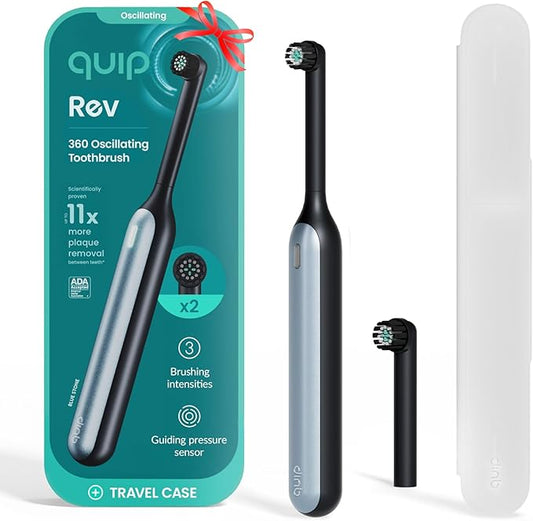 Quip Rev Oscillating Rechargeable Electric Toothbrush with Extra Brush Head - Soft Bristles, Pressure Sensor, 3 Intensities, 30-Day Battery Life, 2-Min Timer, Travel Case, Mirror Mount - Blue Stone