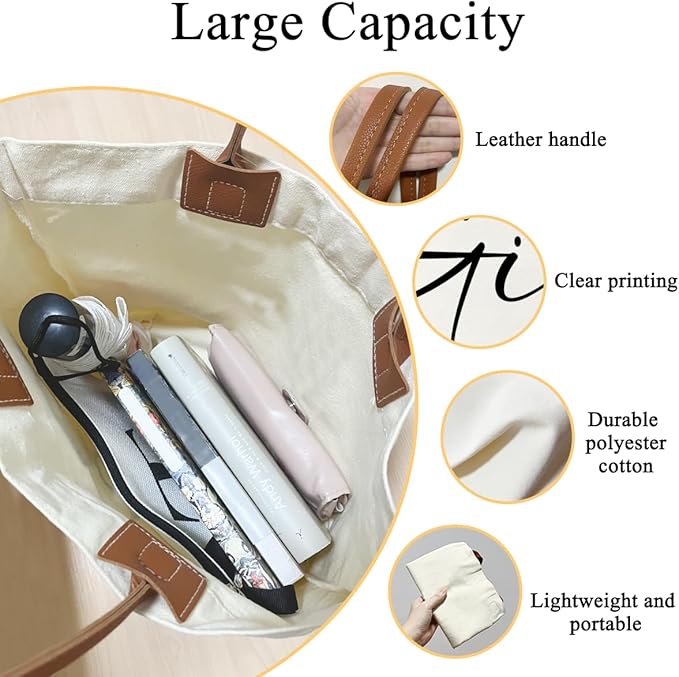 Canvas Tote Bag for Women, Birthday Gifts, Aesthetic Reusable Grocery Shopping Bags With Leather Handles