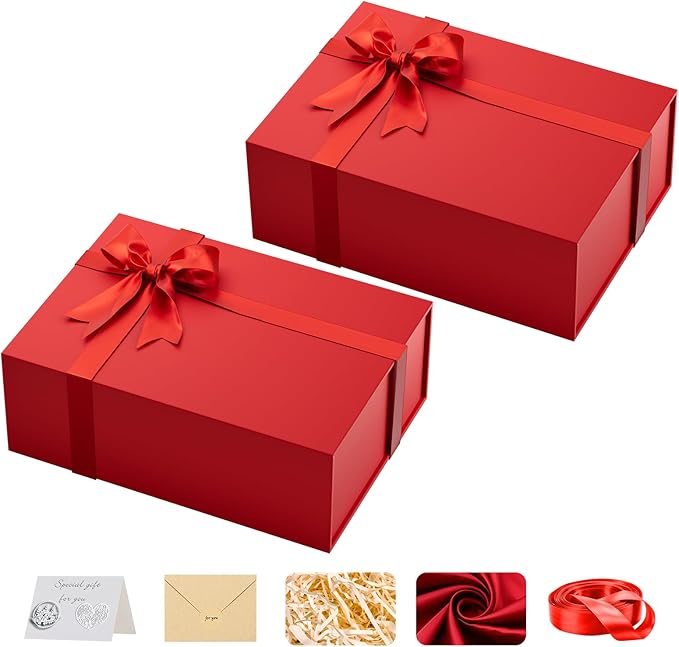Large Red Gift Box with Lid: 2 Pack 13.5×10×5 Inches - Strong Magnetic Closure for Valentines Christmas Bridesmaid Gifts – Perfect for Couples Friends Family