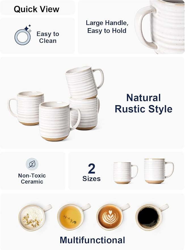 LE TAUCI Coffee Mugs 18 oz,Ceramic Mug Set, Coffee Cups for Latte, Hot Tea, Cappuccino, Mocha, Cocoa, Dishwasher Safe, Suit For Housewarming Wedding- 3.8 inch, Set of 4, Arctic White