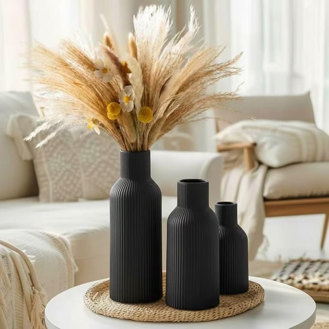 Black Ceramic Vases Set of 3, Black Ribbed Decorative Vases - Table Centerpieces for Wedding, Living Room, Office & Shelf Decor
