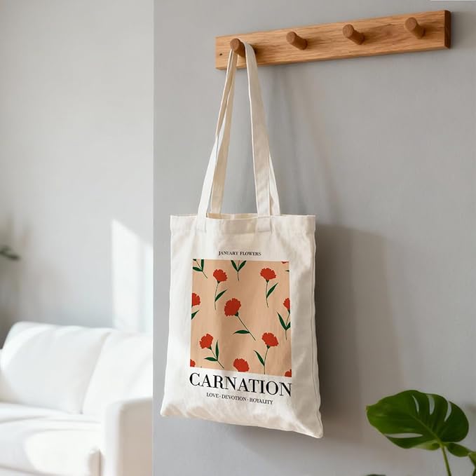 Flower Canvas Tote Bag, Carnation Printing Reusable Shoulder Bags, Gifts to Friends and Family, Holiday Gift Bags for Wrap Storage, Casual Canvas Totes for Work Traveling
