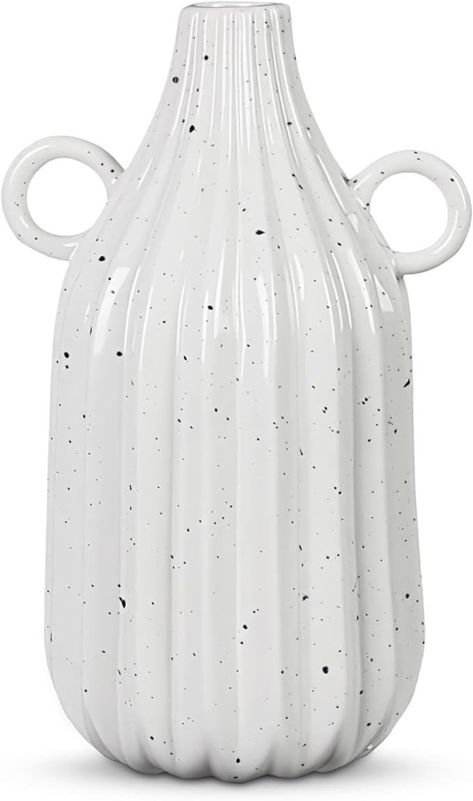 Young's Inc Stoneware Vase with Dual Ring Handles – Modern Organic Decorative Table Centerpiece, Ribbed Ceramic Flower Vase, 7.4” Tall