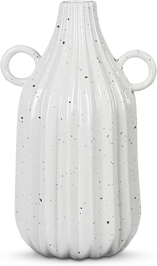 Young's Inc Stoneware Vase with Dual Ring Handles – Modern Organic Decorative Table Centerpiece, Ribbed Ceramic Flower Vase, 7.4” Tall