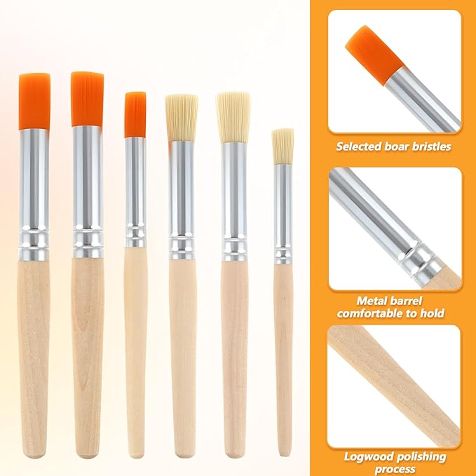 12 Pcs Wooden Stencil Brushes Set - 3 Sizes Natural Bristle Paint Brushes for Acrylic Paint, Round Pointed Template Brush for Acrylic Oil Watercolor Painting Stenciling, DIY Crafts and Art Projects