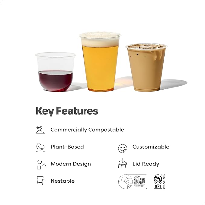 TOSSWARE NATURAL Arc - Plant Based Clear Cold Cups 16 oz - Plastic Alternative for Parties, Bachelorettes, Weddings - Recyclable - Set of 50