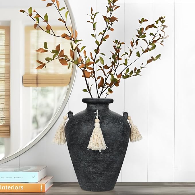 9.4" Large Black Ceramic Vase for Centerpieces - Rustic Farmhouse Vase with 4 Ears & Tassels, Terracotta Vintage Flower Vases for Table, Desk, Living Room, Bedroom, Entryway, Holiday & Weddings Decor