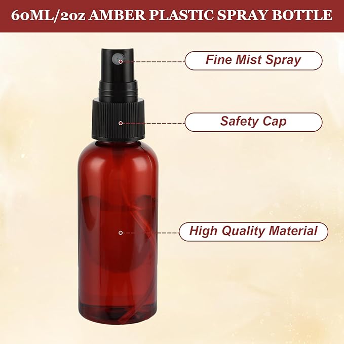 60PCS 2 oz Plastic Amber Spray Bottle, Empty Small Amber Spray Bottle with Sticker and Funnel, Refillable Mini Mister Spray Bottles for Essential Oils, Bath & Cleaning