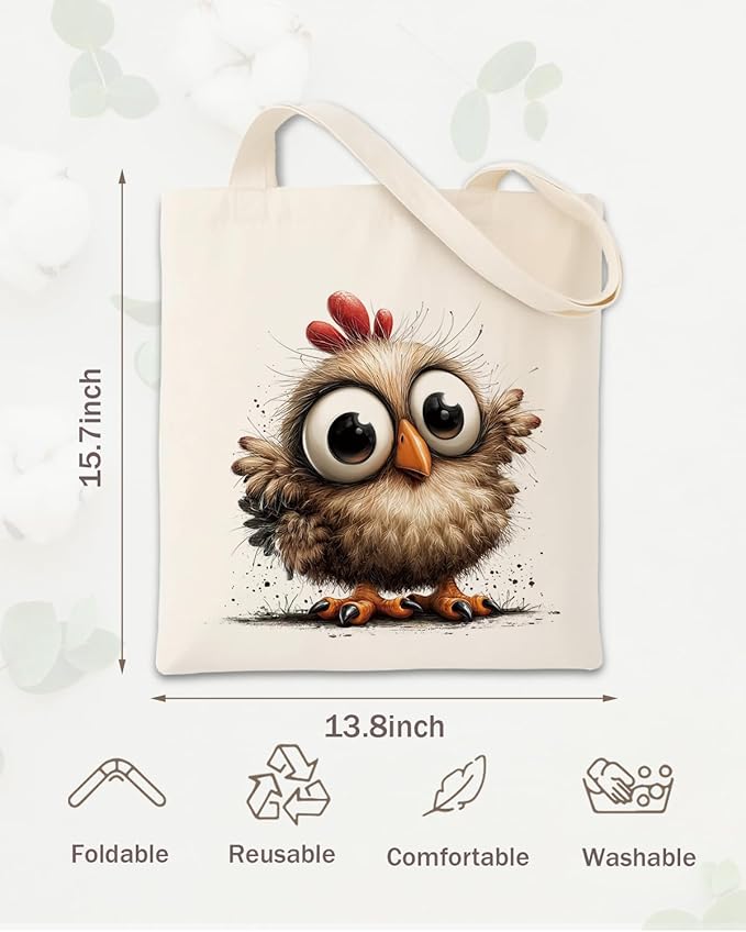 Cute Little Chick Canvas Tote Bag, Cute Animal Themed Totes, Funny Watercolor Chickens Reusable Shopping Bags, Shoulder Bags for Casual Vacation Shopping Work