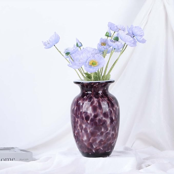9" Purple Hand Blown Glass Vase – Murano Style Art Glass Sculpture, Stained Colorful Flower Vase for Table Centerpieces, Lavender Glass Decor for Entryway, Bookshelf, Office or Bathroom (Purple)