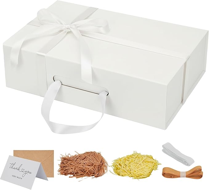 White Gift Box 14"x9.3"x4.2" Large Magnetic Gift Boxes with Lids for Presents Include Ribbon, Envelop Card for Bridesmaid Proposal Box, Birthday, Graduation, Christmas,Wedding Gifts Packging