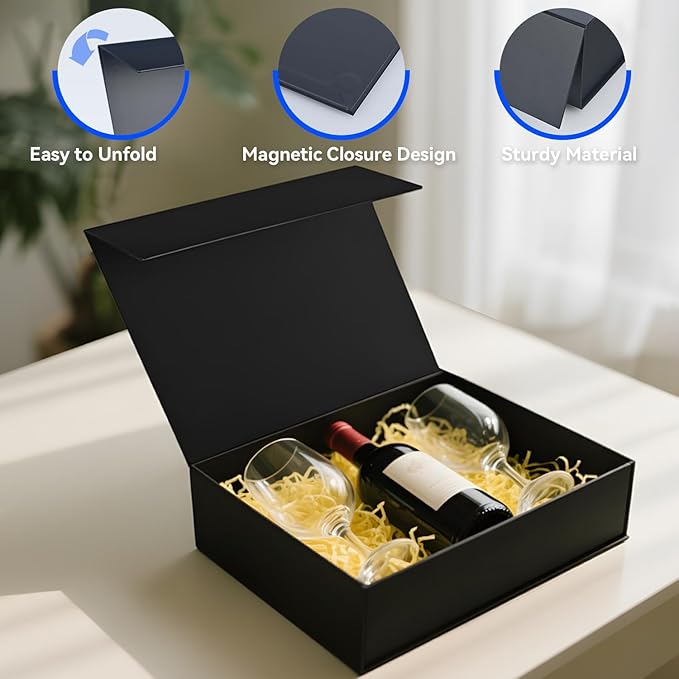 Brothersbox Black Gift Box 13.8"x9.1"x4.3" Large Gift Boxes for Presents with Magnetic Lid, Ribbon, Collapsible Boxes for Gift Packaging Mother's Day Christmas Birthday Wedding