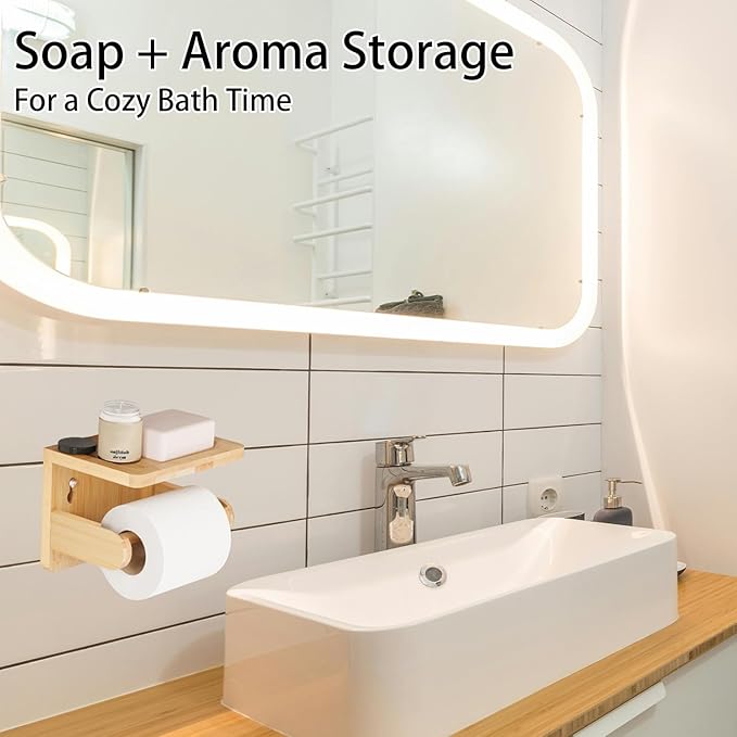 Drill-Free Toilet Paper Holder with Phone Shelf Bamboo Wall-Mounted, No-Drill & Drillable, Bathroom Storage Organizer, Space Saver Tissue Roll Rack for Bathroom, Kitchen, Home Decor (Natural)