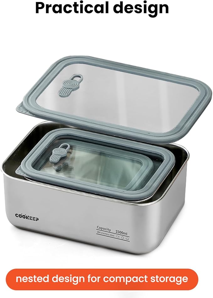 3 pcs Stainless steel food storage containers With lids，stainless steel snack containers，stainless steel lunch box，Easy Clean,Airtight & Leakproof for kitchen storage，Dishwasher safe (22oz+44oz+77oz)