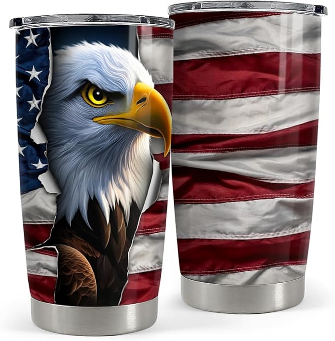 SANDJEST Eagle Tumbler 20oz Stainless Steel Insulated Coffee Travel Mug Cup American Flag Eagle Gifts for Men, Veterans on Birthday Christmas