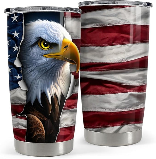 SANDJEST Eagle Tumbler 20oz Stainless Steel Insulated Coffee Travel Mug Cup American Flag Eagle Gifts for Men, Veterans on Birthday Christmas