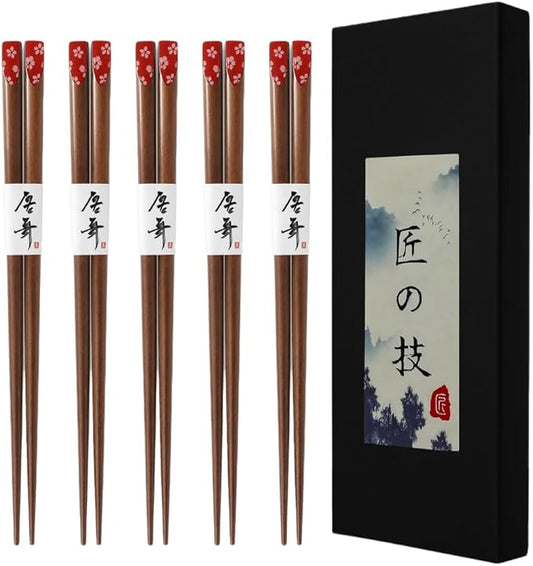 JapanBargain 4514, Bamboo Chopsticks Reusable Japanese Chinese Korean Wood Chop Sticks Hair Sticks 5 Pair Gift Boxed Set Dishwasher Safe, 9 inch (Red-Sakura)