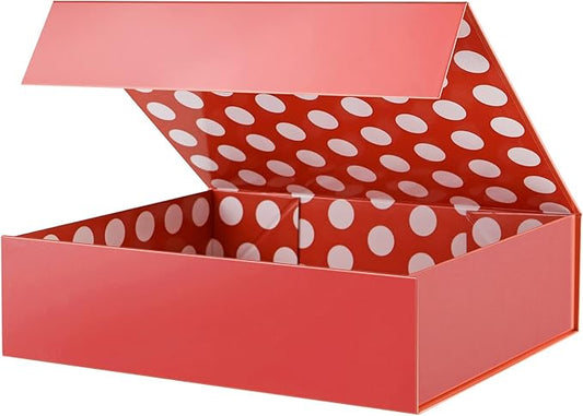 GREEN BEAN Gift Box 13x9.7x3.4 Inches, Large Red Gift Box with Lid for Presents, Magnetic Shirt Gift Boxes for Clothes (Glossy Metallic Red, Dot Design Inside)