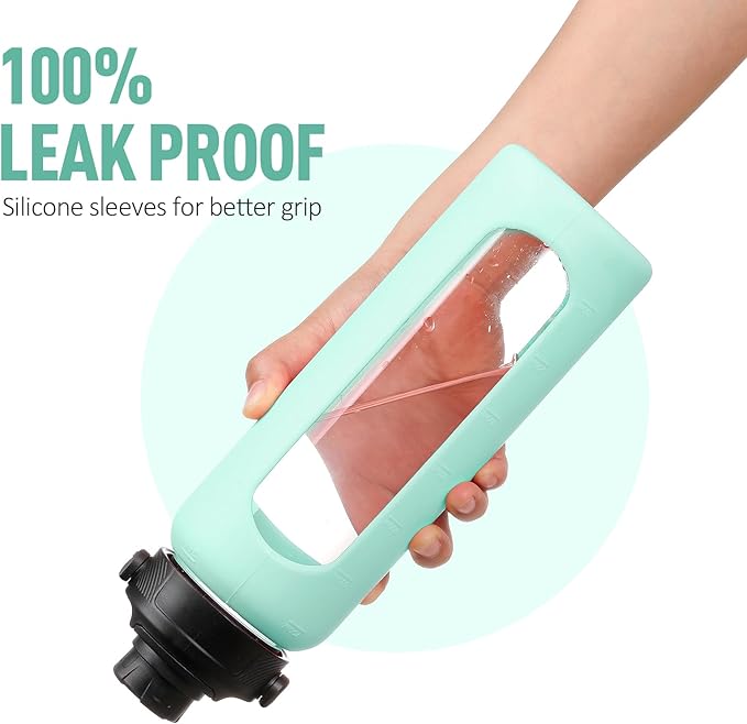 32oz Glass Water Bottle with Straw and 2 Lids- Bamboo and Spout Lid,Motivational Sports Water Bottle with Silicone Sleeve and Time Marker,Reusable for Gym, Outdoors, Mint Green