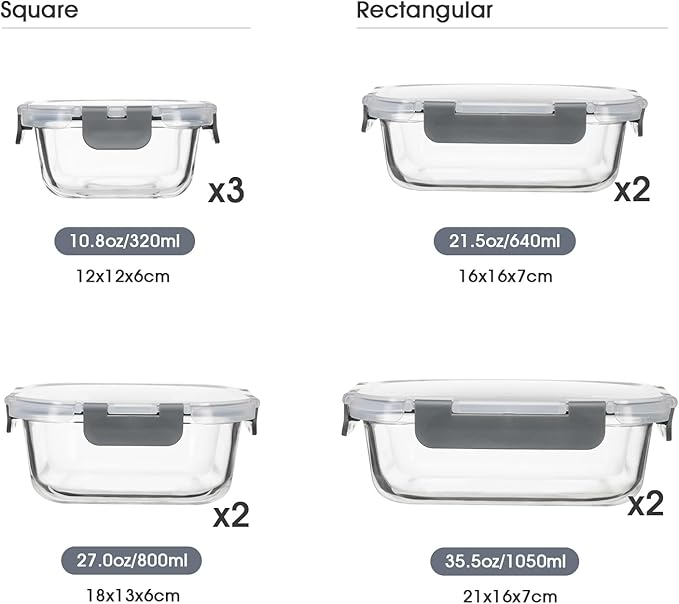 18 Pieces Glass Food Storage Containers with Lids,Airtight Glass Meal Prep Containers,Glass Storage Containers Set for Kitchen,Pantry BPA Free & Leak Proof (9 lids & 9 Containers)