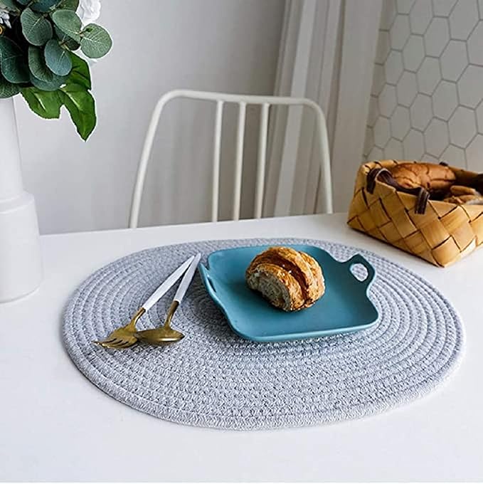 4 Pack Oval Woven Placemats, Gray Cotton Rope Braided Placemats with 4 Pack Round Fabric Coasters, Heat-Resistant Non-Slip Cotton Table Mats Charger Plates for Table Decoration (Gray)