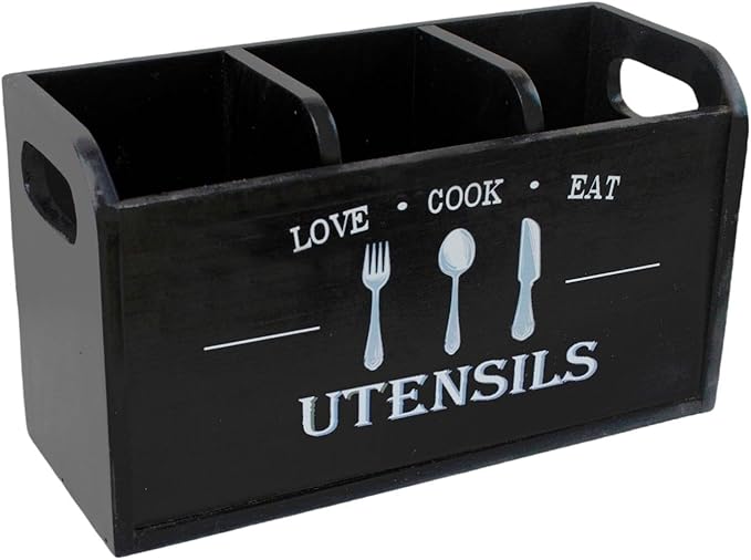 Fenteer Kitchen Utensil Holder Storage Crock Vintage Accessories Wooden Utensil Organizer Cutlery Box for Counter Hotels Restaurants, Black