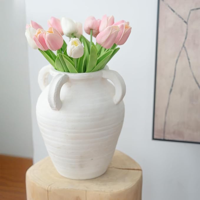 Rustic White Ceramic Vase, Wide Mouth Terracotta, Antique Decorative Flower Vase with 4 Handles, 9.7 in