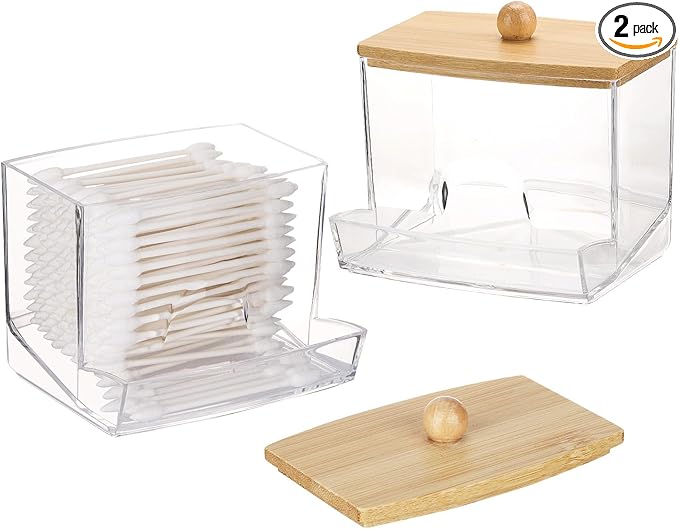 Tbestmax 2 Pack 10oz Qtip Holder Dispenser with Bamboo Lids, Big Clear Bathroom Organizer Accessories Decor for Storage-Qtips Cotton Ball Holder Apothecary Jars, Cotton Swabs, Floss Container