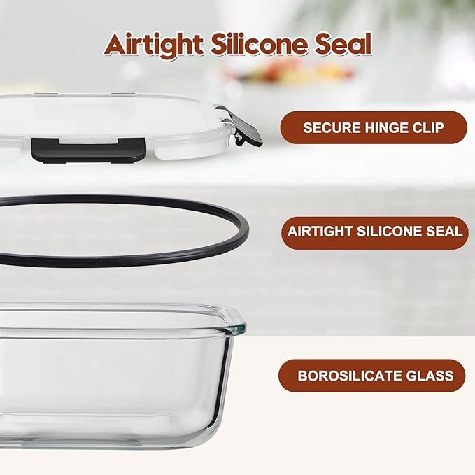 Wells Glass Meal Prep Containers, 8 Pack Glass Food Storage Containers Set with Airtight Locking Lids for Lunch, Fridge, Freezer, Dishwasher Safe, BPA-Free, Clear