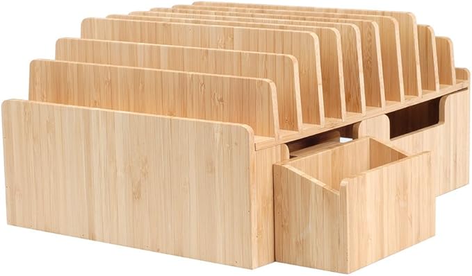 MobileVision Bamboo 10-Port Charging Station Plus 2 Caddy Add-On Combo to hold pens keys and extra storage