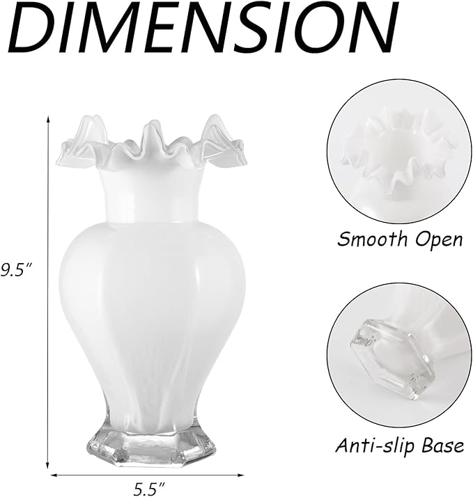 Large Glass Vase, White Glass Vase for Flowers, Flower Vases for Bouquet, Unique Vases for Living Room, Dining Table, Shelf, Wedding, Office, Coffee Table, 9.5 Inches