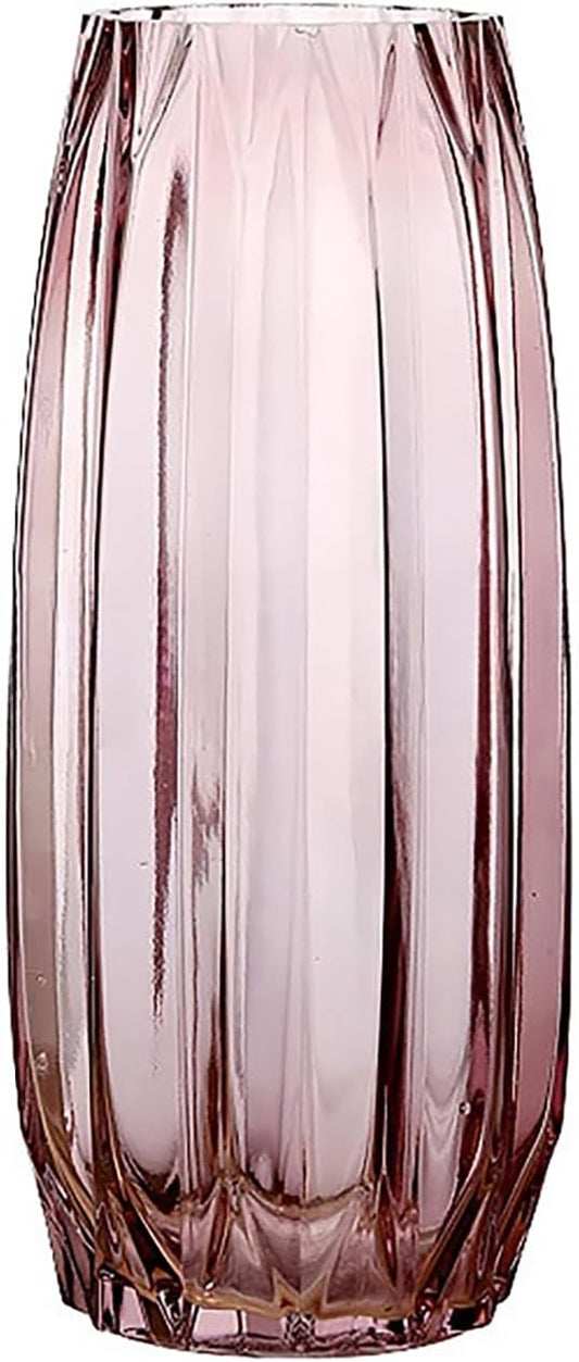 Purple Pink Ribbed Glass Vase for Flowers and Candles - Modern Centerpiece (H12.0 inch)