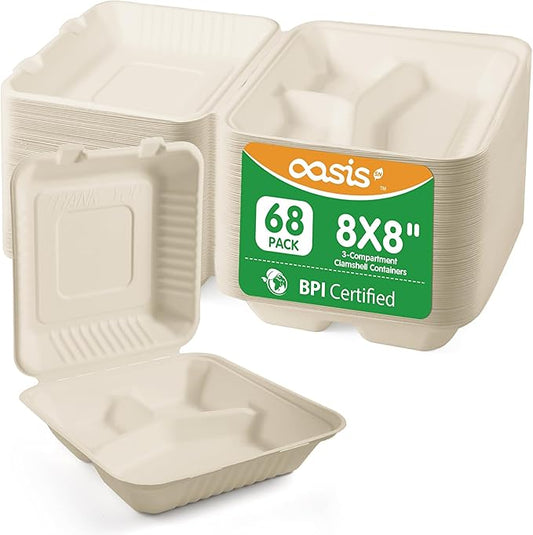 𝟴𝘅𝟴", 𝟲𝟴-𝗣𝗮𝗰𝗸 3-Compartment Clamshell Takeout Containers, 100% Compostable Heavy-Duty Disposable Paper Lunch Boxes(Natural)