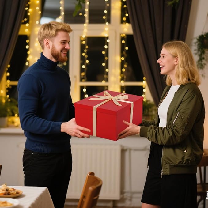 UoeRing 2Pcs Red Extra Large gift box with lids 16.5×13×8 Inches gift boxes for presents,Birthday Box (include Ribbon, Paper Shred Filler Gift Card & Envelopes)