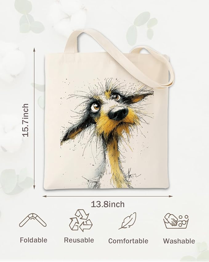 Whimsical Cartoon Artistic Dog Canvas Tote Bag, Animal Themed Casual Shoulder Bags, Reusable Shopping Bag for Casual Vacation Shopping Work, Gift for Dog Lovers