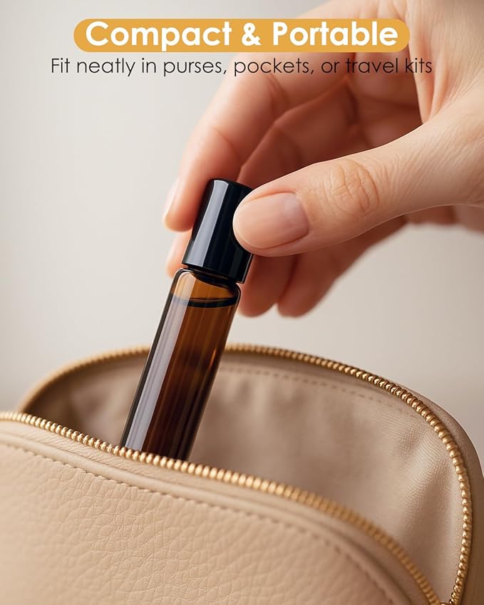 25 Pack Essential Oil Roller Bottles, 10ml Refillable Amber Glass Roller Bottles with Stainless Steel Roller Balls and Caps for Travel, Perfume and Lip Gloss