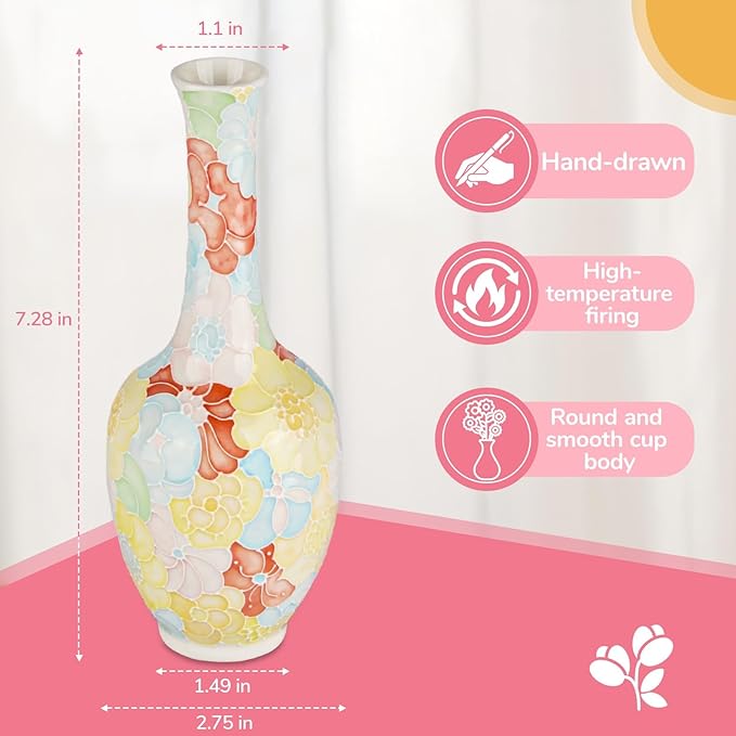High-Temperature Fired Ceramic Vase - Non-Fading Hand-Painted Ceramic Vase with Pastel Floral Flowers for Home Decoration